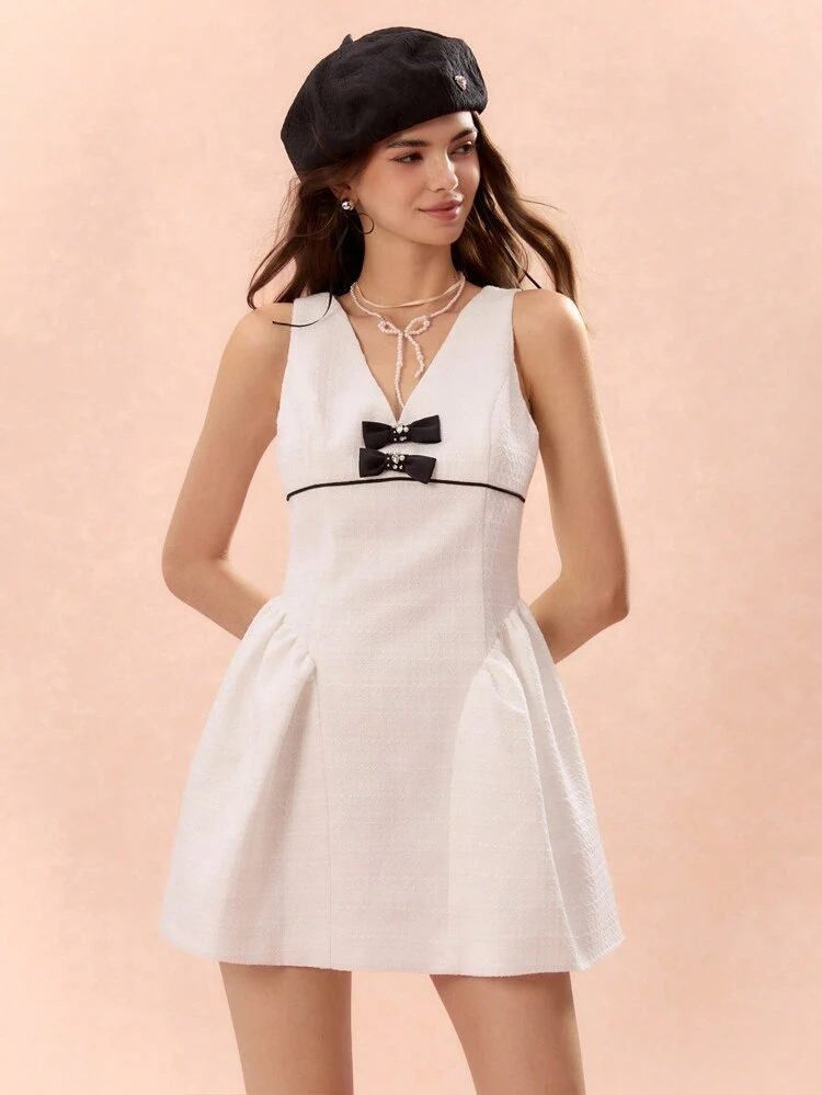 Women's Contrast Color Bow Decorated V Neck Tweed Sleeveless Puff Hem Dress, Party, Date, Christmas, Autumn Women's Wear, Winter Women's Wear