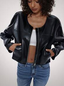 Forever 21 前拉链长袖休闲 PU 黑色简约夹克 - 黑色 - 查看 3