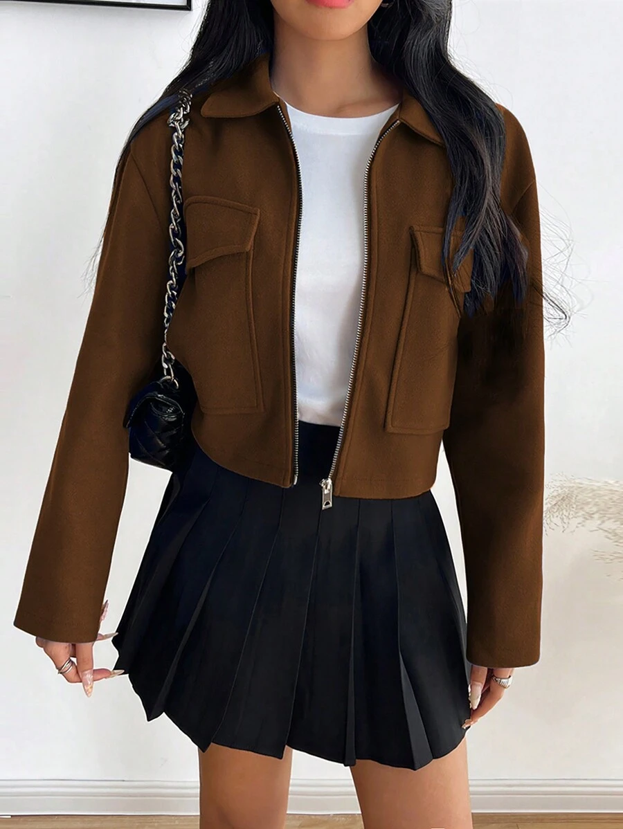 INAWLY Women's Solid Color Long Sleeve Utility Pocket Casual Short Jacket For Autumn/Winter - Coffee Brown - View 1