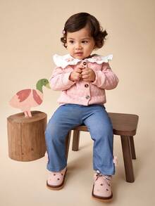 SHEIN Baby Girl Casual Colorblock Puff Collar Pink Jacket And Blue Pants 2-Piece Set, Autumn Winter - Pink - View 5