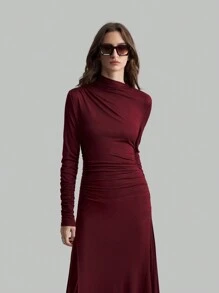Ontre 女秋冬酒红色长袖立领优雅针织弹力连衣裙通勤立领百褶长裙教师装 - 玫瑰紅 - 查看 3