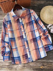 SHEIN LUNE Casual Polo Collar Plaid Print Simple Shirt - Multicolor - View 1