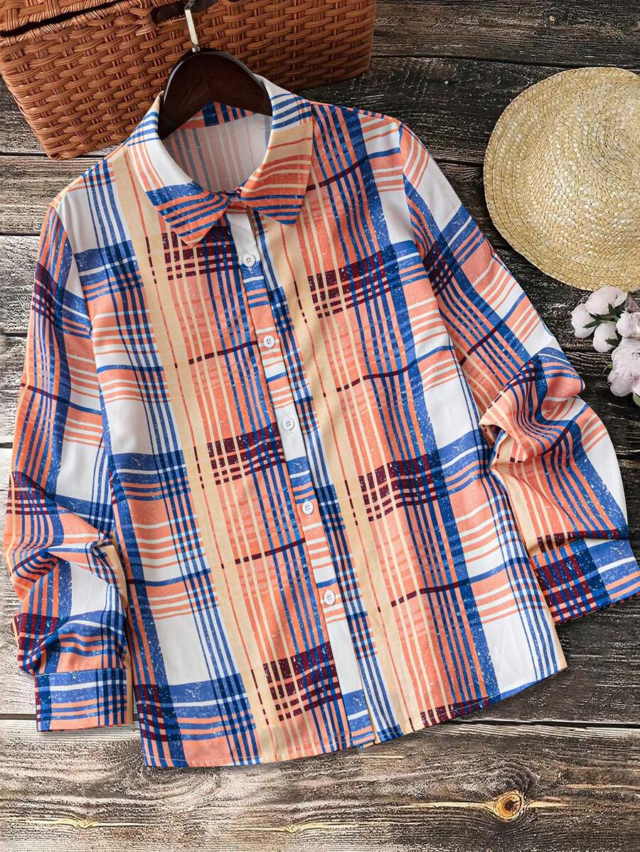 SHEIN LUNE Casual Polo Collar Plaid Print Simple Shirt - Multicolor - View 1