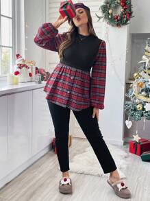 SHEIN Essnce 大码女士秋冬休闲时尚舒适黑色拼接格子二合一 T 恤上衣、圣诞女士服装、曲线上衣、秋季女装、圣诞上衣、圣诞服装、冬季上衣、感恩节衬衫 - 黑色 - 查看 3