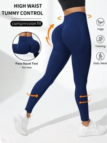 SHEIN Yoga Basic Leggings de yoga sans coutures, taille haute, extensibles et de couleur unie - Bleu marine - Voir 8
