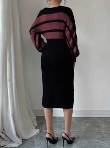 Calvaya Elegante gebreide damesjurk met ronde hals, lange mouwen, strepen, verlaagde schouders en casual stijl voor de herfst