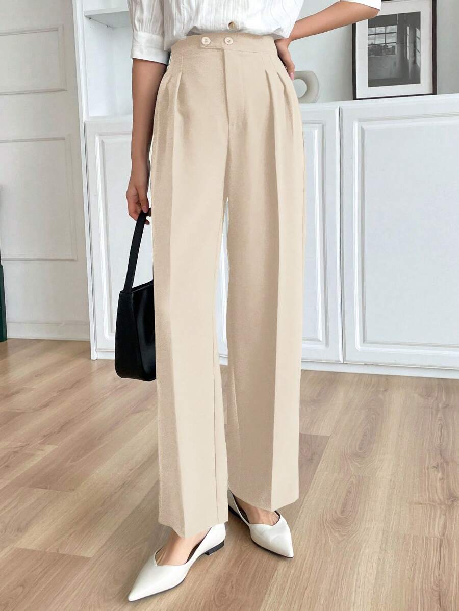 DAZY Women Straight Leg Dress Pants With Asymmetrical Waistline - Beige - View 1