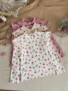 SHEIN LMoss Kids LMoss 3 件套年轻女孩针织花卉荷叶边领休闲 T 恤 - 彩色 - 查看 3