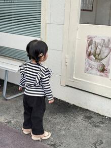 SHEIN 3pcs Set Baby Girls Autumn Casual Ruffled Trim Long Sleeve Tops - Black and White - View 12