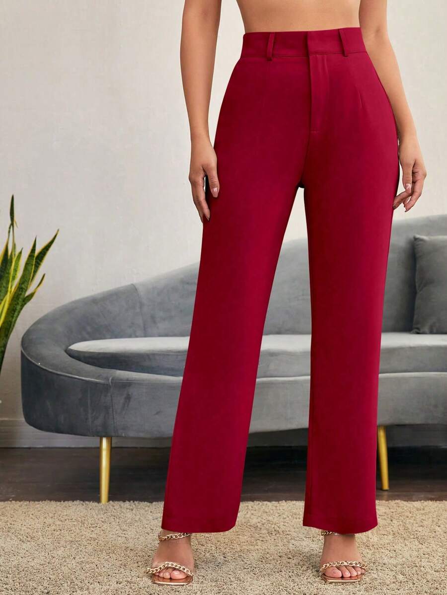 SHEIN LUNE Solid Color Button-Up Casual Straight Leg Pants In Fall/Winter - Red - View 1