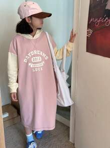 DAZY Tween Girl Hooded Straight Letter Print Knitted Dress,Back To School Clothes