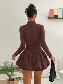 SHEIN EZwear 女式纯色长袖高领莲花花蕾紧身连衣裙 - 棕色 - 查看 2