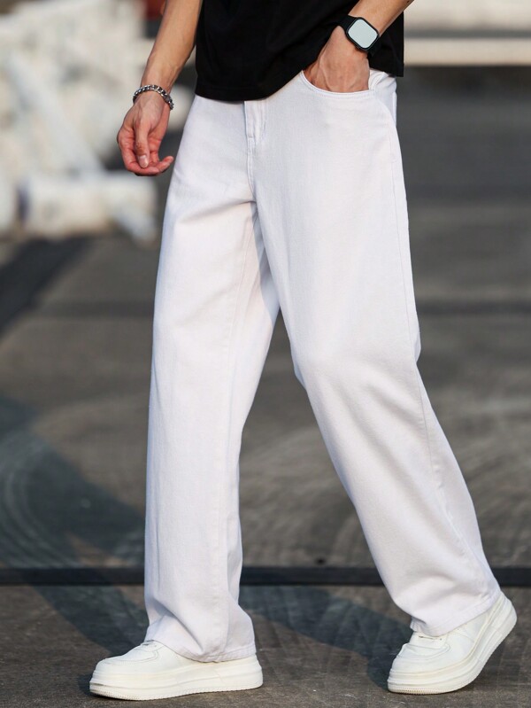 Manfinity Hypemode Men's Loose Fit Straight Leg Casual Denim Jeans With Pockets, Plain Long Washed White Straight Leg Cargo Jeans Light Jeans, For Husband, Boyfriend Gifts, Mens White Pants, Men S Loose Straight Leg Casual Pants, Men Pants Jeans Loose
