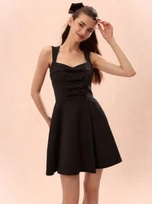 Enchnt Women Solid Color Thick Strap Sleeveless Dress - Black - View 4