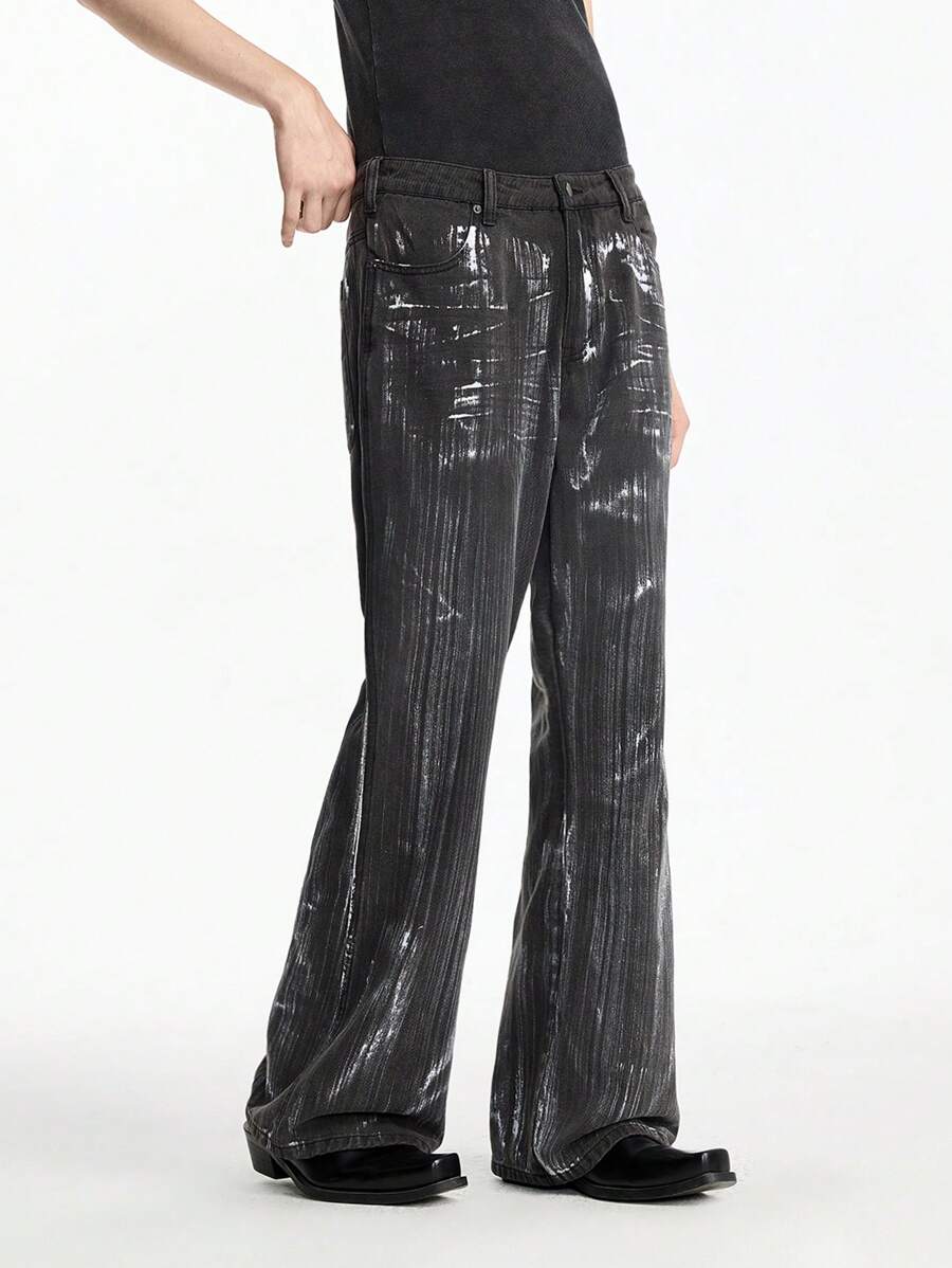 NEON BLANC Men's Salt-Washed Flared Leg Long Denim Jeans - Grey - View 1