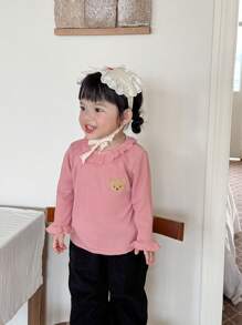 SHEIN 3 pièces Ensemble de hauts à manches longues avec col montant et broderie, style décontracté pour nouveau-nés et bébés filles, printemps automne