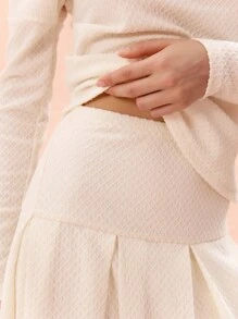 Enchnt Women Solid Color Asymmetric Collar Long Sleeve Top And Skirt Elegant Set - Beige - View 6