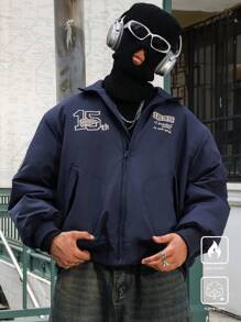 Manfinity EMRG Abrigo casual acolchado de cuello alto con cremallera frontal, manga larga y estampado de letras para hombres, ropa de vuelta al colegio, chaqueta bomber