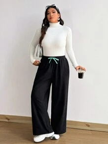 Flirla Plus Size Drawstring Pocket Black Wide-Leg Pants With Thermal Lined, Autumn/Winter - Black - View 3