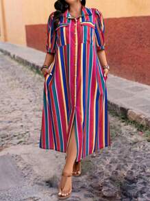 SHEIN LUNE Vestido camisa con botones delanteros, con bloques de color y rayas, tallas grandes, otoño