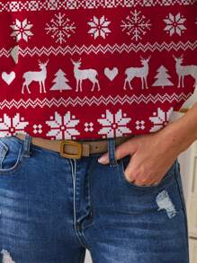SHEIN LUNE 女式圣诞毛衣，带雪花、驯鹿和圣诞树图案，宽松圆领针织毛衣，秋冬装 - 紅色 - 查看 4
