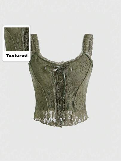 Fairycore Top de tirantes con cordón delantero con encaje