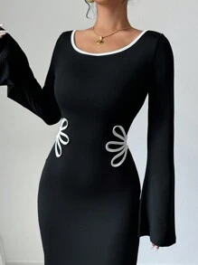 Firerie Women's Contrast Color Block Long Sleeve Dress, Color Blocking Trim - Black and White - View 2