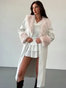 Aloruh 女式长袖 PU 拼接蓬松收腰中长款风衣外套 - 米色 - 查看 2