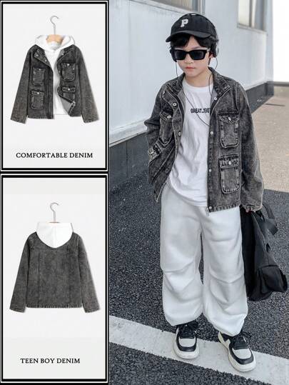 SHEIN Tween Boy Fashion Casual Black Denim Loose Stand-Up Collar With Multiple Cargo Pockets Design Shoulder Long Sleeve Jacket For Dailywear And Fall Boys Clothes