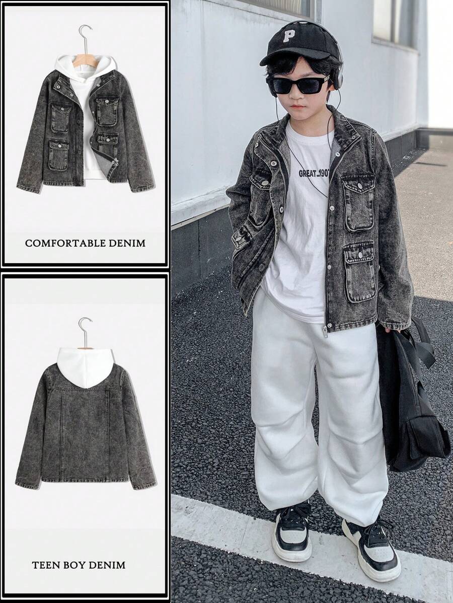 SHEIN Tween Boy Fashion Casual Black Denim Loose Stand-Up Collar With Multiple Cargo Pockets Design Shoulder Long Sleeve Jacket For Dailywear And Fall Boys Clothes - Black - View 1
