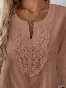 EMERY ROSE 女士度假风格纯色缺口领撞色蕾丝 3/4 袖衬衫 - 粉色 - 查看 7