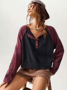 Bohemela Lässige Loose Bluse für Frauen mit V-Ausschnitt, Farbblock-Raglanärmeln und Langarm