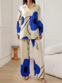 SHEIN LUNE 2 件套女士休闲花卉印花长袖衬衫套装，返校季 - 藍色 - 查看 5