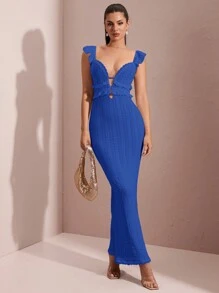 SHEIN BAE Váy ngắn hở lưng buộc dây thanh lịch hở lưng kết cấu ren móc khoét rỗng màu trắng gợi cảm - Xanh đậm - Xem 1