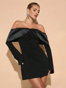 SHEIN BAE Women's Autumn Off-Shoulder Long Sleeve Bow-Tie Decor Cocktail Dress For Party, Date Night Summer Outfits For Women//Spring Clothes//Valentine Day Outfit/Carnaval//Beach Vacation Outits