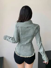 DAZY 女式秋季拼布磨边长袖收腰休闲牛仔夹克，秋季女装 - 中等水洗藍 - 查看 5