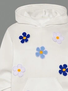 SHEIN ChillGRL 2 件 Tween 女童休闲花卉贴花连帽衫和运动裤套装，秋冬 - 彩色 - 查看 4