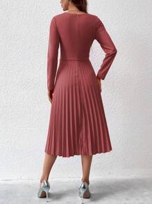 Chiquease Abito lungo elegante con scollo a V, plissettato, a maniche lunghe, monocromatico, da donna