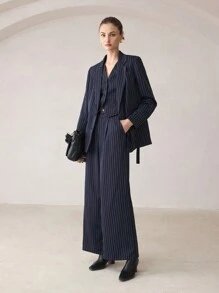 BizChic 女士优雅通勤条纹翻领长袖西装外套，秋冬圣诞节 - 藏蓝色 - 查看 2