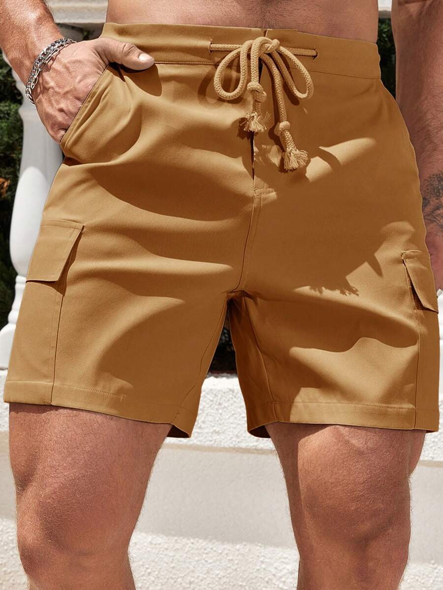 Manfinity Homme Men's Solid Color Front Tie Pocket Simple Casual Shorts - Yellow - View 1