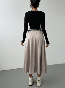 Chiquease 春秋新款高腰A字及膝百褶裙 - 灰色 - 查看 2