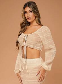 Hauture Solid Texture Bow Tie Balloon Sleeve Crop Top - Apricot - View 3