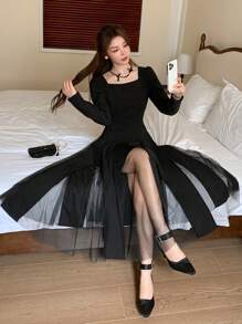 DAZY Women's Solid Color Square Neck Mesh Panel Ruffle Hem Long Sleeve Mid-Length Dress,Fall Clothes - Black - View 4