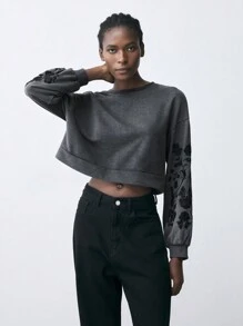 Maija Sudadera con cuello redondo de manga larga de felpa con estampado de copos de nieve gris para mujer en otoño e invierno