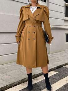 SHEIN Unity Plus Size Women's Solid Color Double Breasted Bubble Sleeve Elegant Trench Coat, Spring/Autumn Fall Cloth For Women