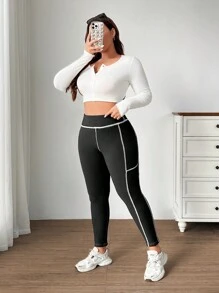 SHEIN EZwear Leggings sencillos de diario de talla grande con rayas de color contrastante