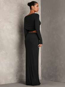 SHEIN BAE 女士灰色纯色约会之夜简约优雅舒适针织不对称领口褶皱上衣和低腰扭纹裙优雅女士套装/秋季两件套/上衣和裙子套装/针织套装 - 黑色 - 查看 2