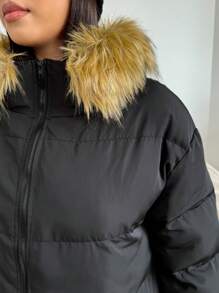 SHEIN EZwear 加大码连帽厚冬季外套，带毛边，中长款，宽松版型 - 黑色 - 查看 6