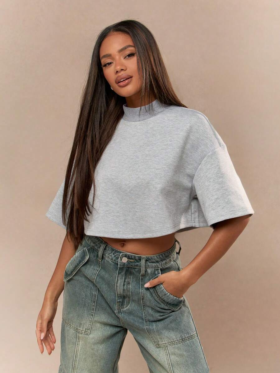 MISSGUIDED 背面徽标细节短款宽松 T 恤 - 灰色 - 查看 1