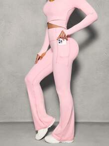 SHEIN Sports Women Solid V-Neck Long Sleeve Top And Flare Leg Pants Active Wear Set For Valentine Workout Women Setwomen Workout Set - Pink - View 5